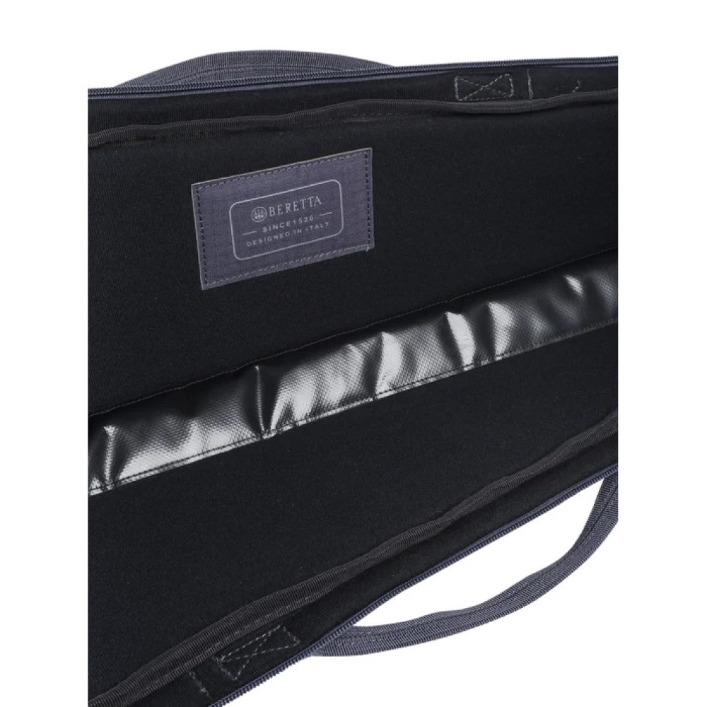 Open Beretta gun case, dark blue, with a shiny interior strip and a Beretta logo patch.