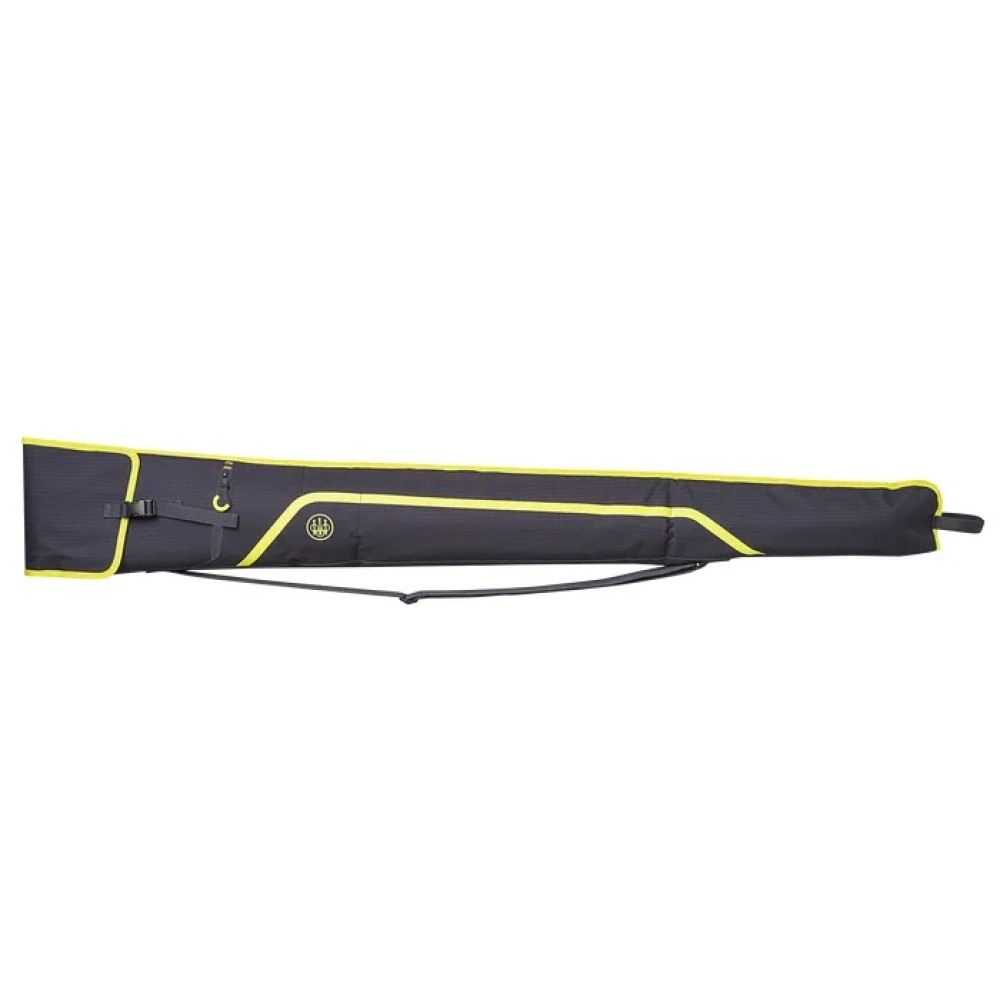 Black and yellow Beretta gun case, polyester, with shoulder strap and buckle closure.