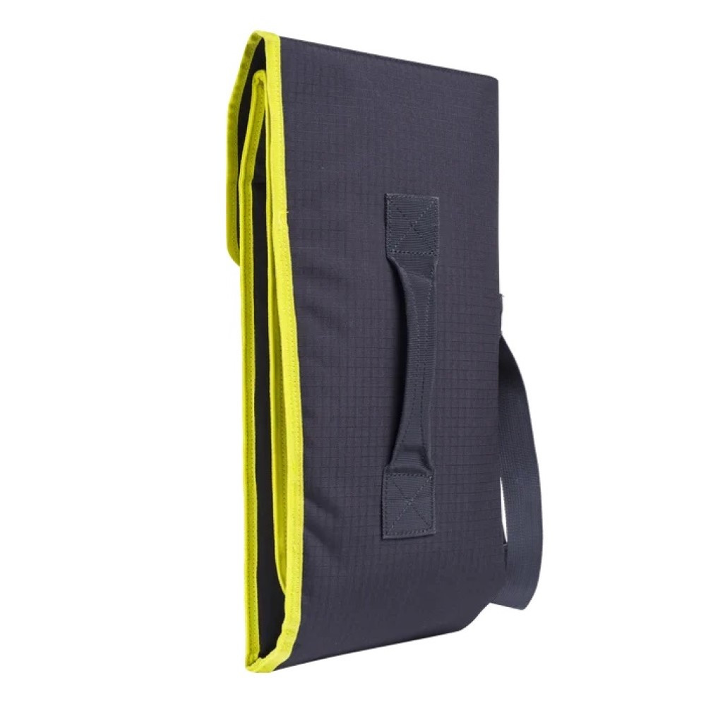 Dark gray foldable gun case with bright yellow trim, handle, and shoulder strap.