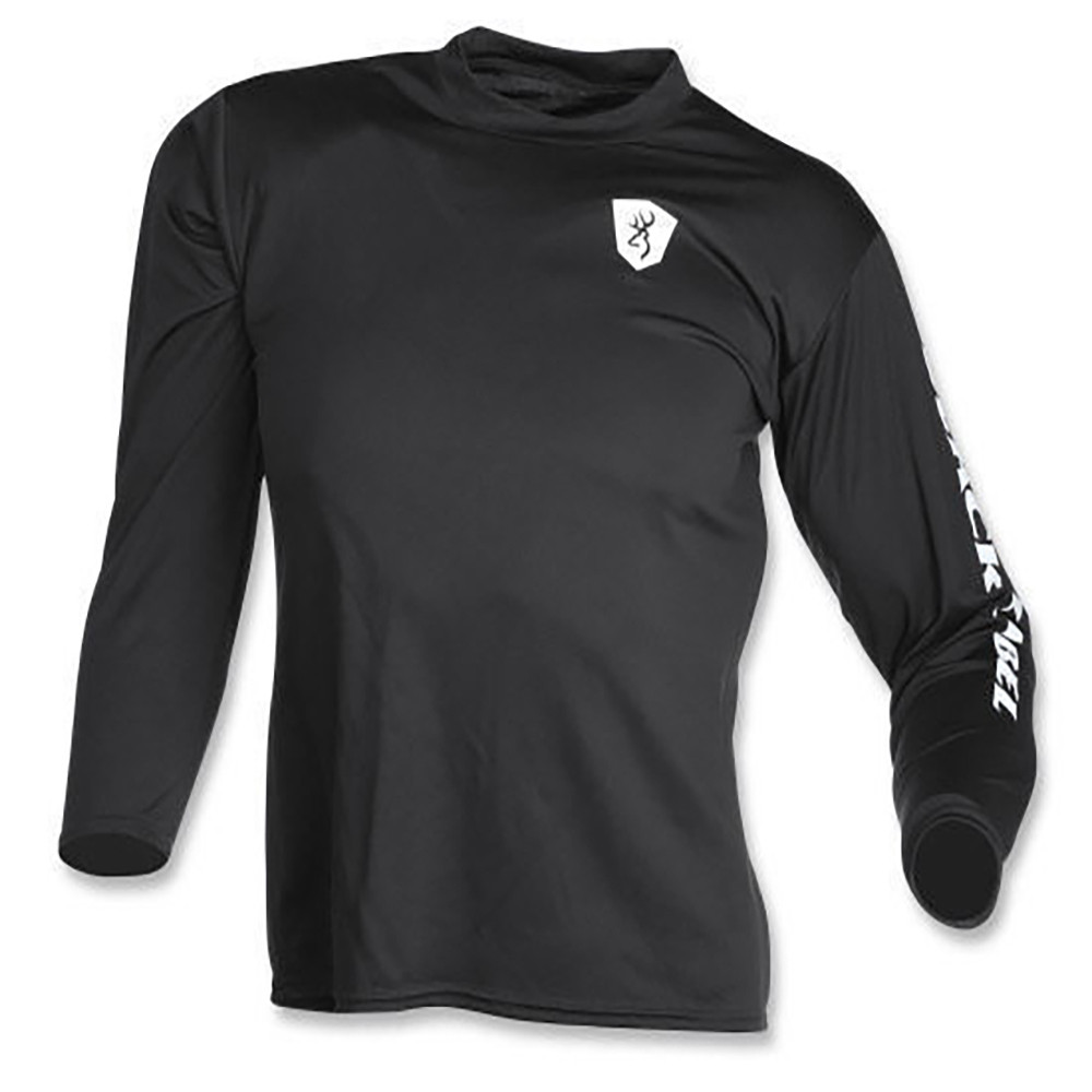 Black long-sleeve Browning shirt, black fabric, white logo on chest and sleeve.