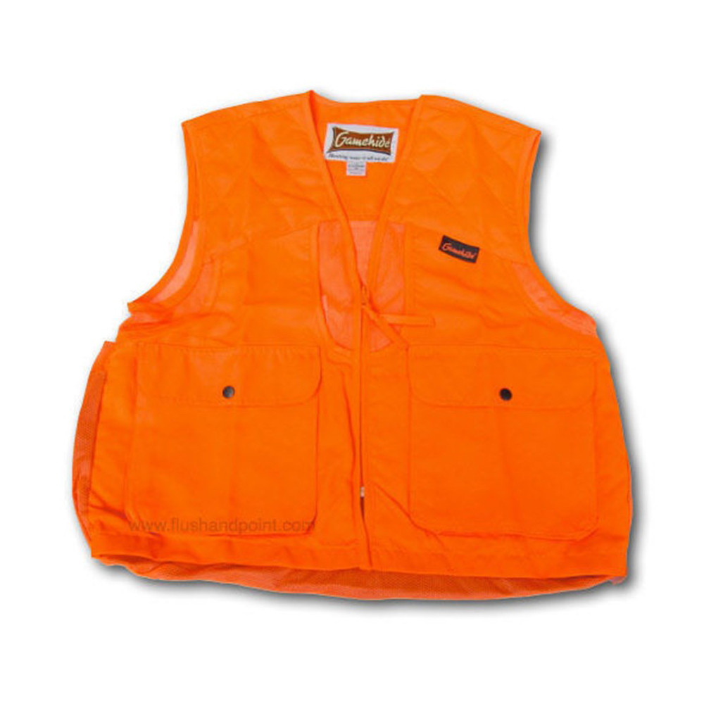 Blaze orange Gamehide quail vest, mesh panels, quilted shoulder patches, front pockets, and a game bag.