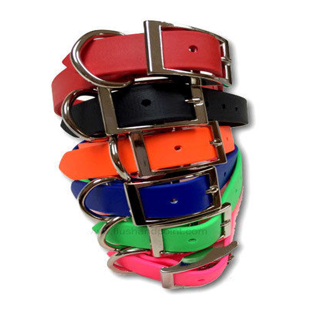 Pile of colorful Omnipet Zeta dog collars; red, black, orange, blue, green, and pink; nickel hardware.