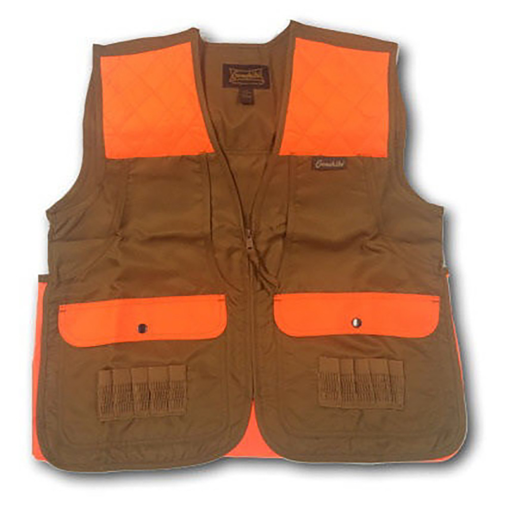 Brown and orange hunting vest with front-loading pockets, shell loops, and quilted shoulder patches.