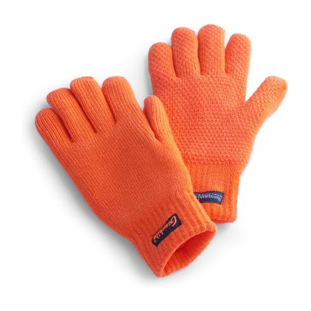 Blaze orange knit gloves, Gamehide Flex Stretch, Thinsulate, with grip, angled view.