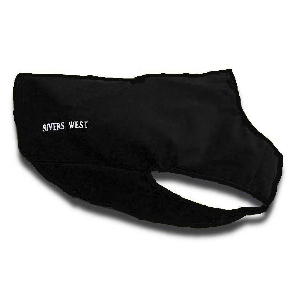 Black Rivers West Upland Dog Vest. Waterproof fleece material, angled view, with logo on the side.