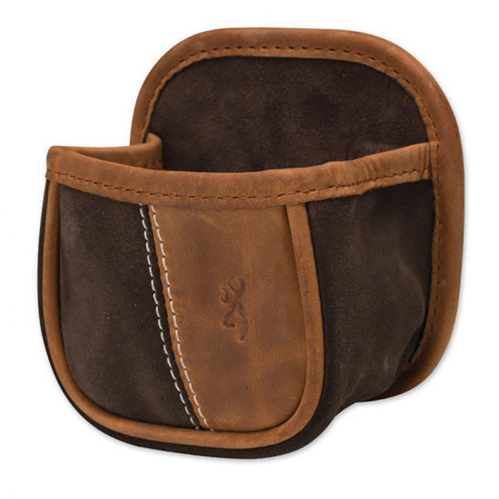 Brown and tan leather shell box carrier, ambidextrous design, heavy-duty fabric, Browning logo, steel belt clip.