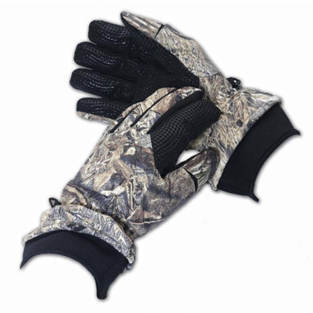 Camouflage gloves, black grip, black cuffs, angled view, outdoor gear, Browning brand.
