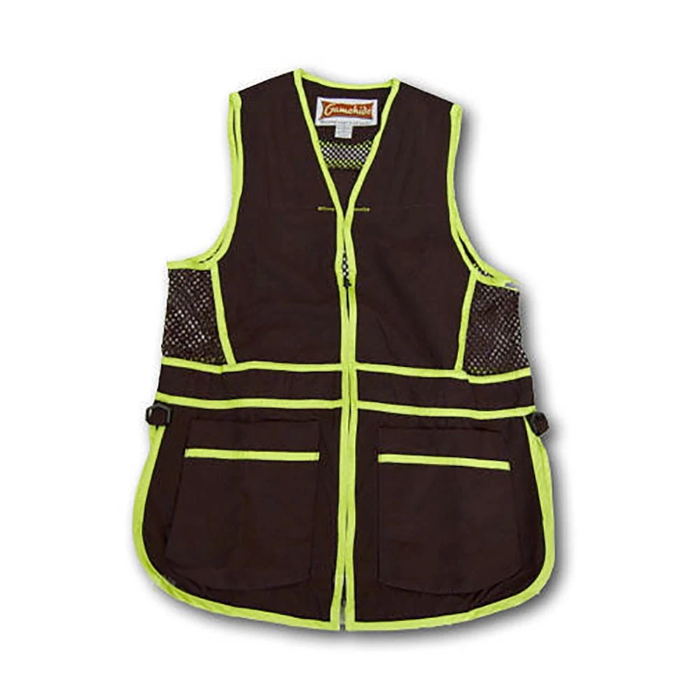Brown and lime green Gamehide Range Vest; polyester; mesh panels; front pockets; zip closure.