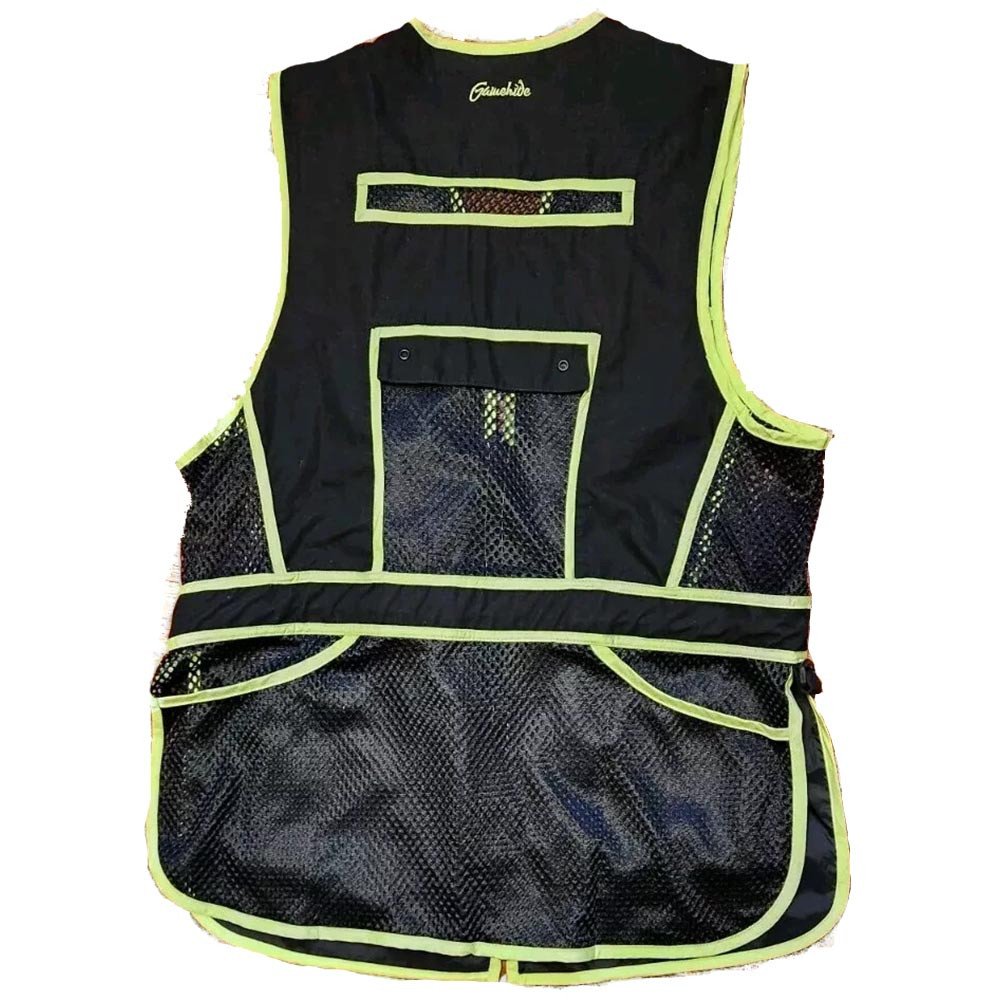 Black and lime green Gamehide Range Vest. Mesh and polyester construction. Back view.