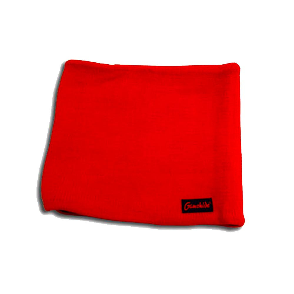 Red Gamehide neck gaiter, fleece lined, rectangular shape, angled view, brand label.
