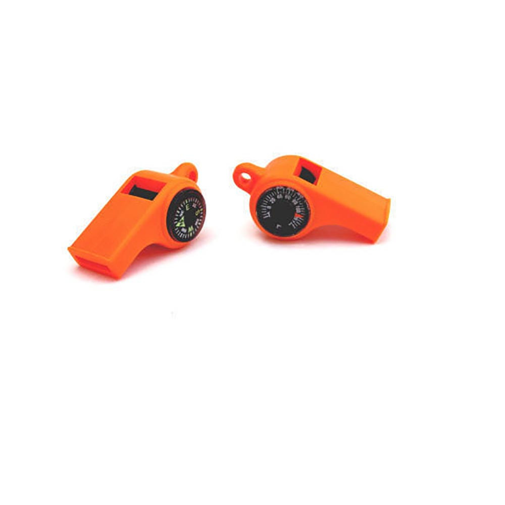 Orange Mendota Sportsman's Whistle with compass, angled view, on white background.