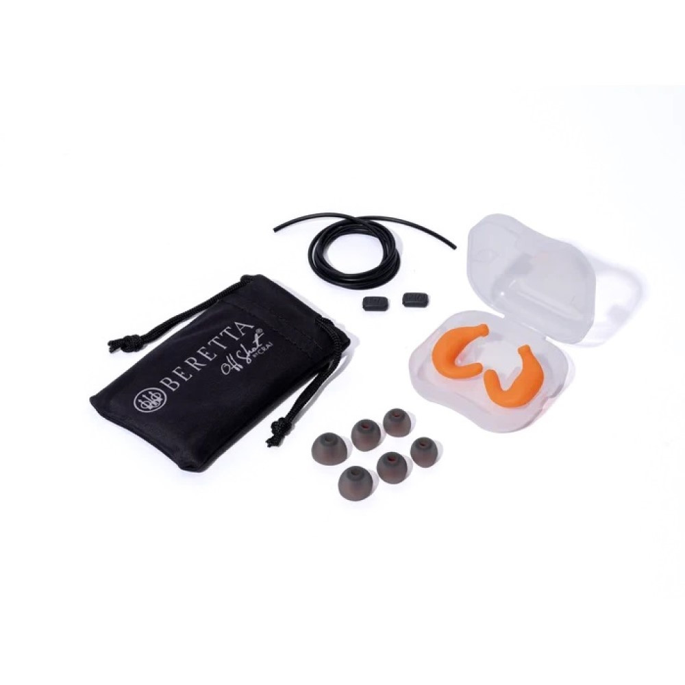 Orange Beretta earplugs with case, cord, and extra tips. Black bag with logo.