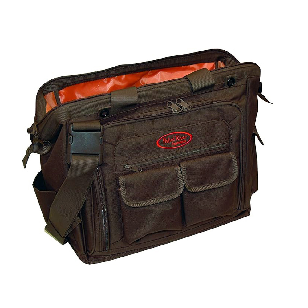Brown Mud River dog handler's bag with blaze orange interior, multiple pockets, and a shoulder strap.
