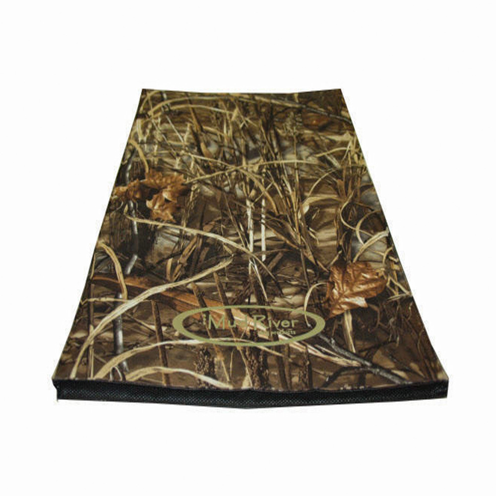Camo crate cushion, Mud River brand. Brown, tan, and green camouflage pattern. Black border. Angled perspective.