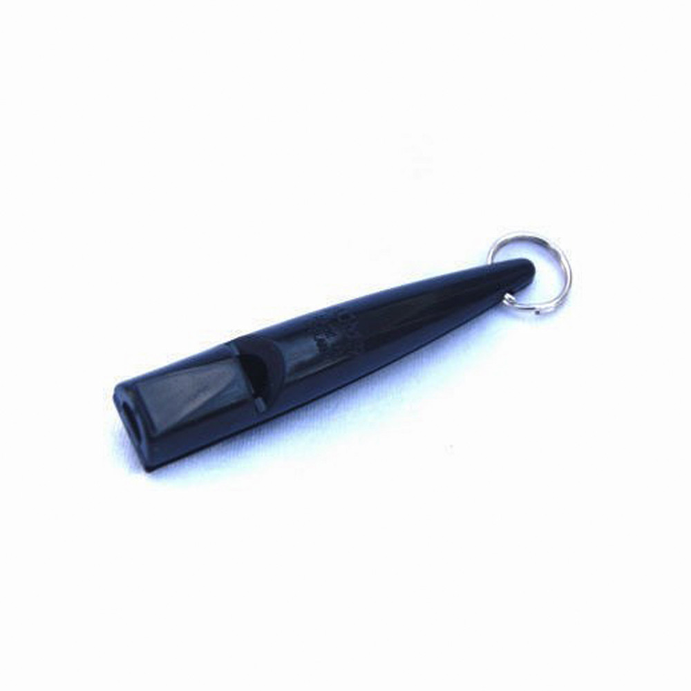 Black Acme Pro-Trailer Dog Whistle, angled view, with a key ring.