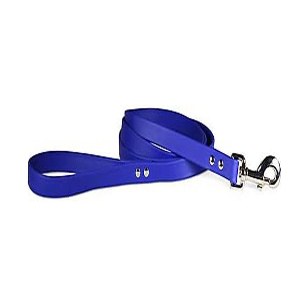 Blue dog lead, rolled up, with silver clasp and rivets. Poly vinyl coated webbing.