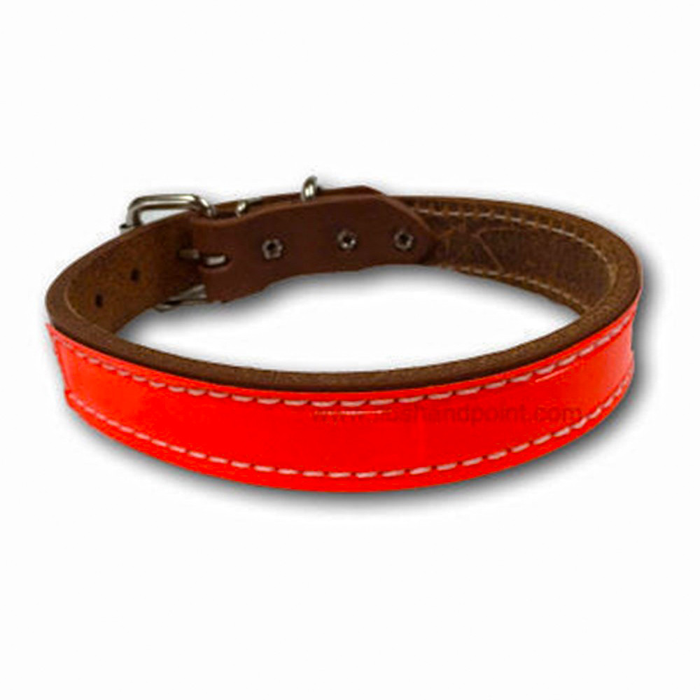 Orange and brown leather dog collar with reflective strip and nickel hardware.