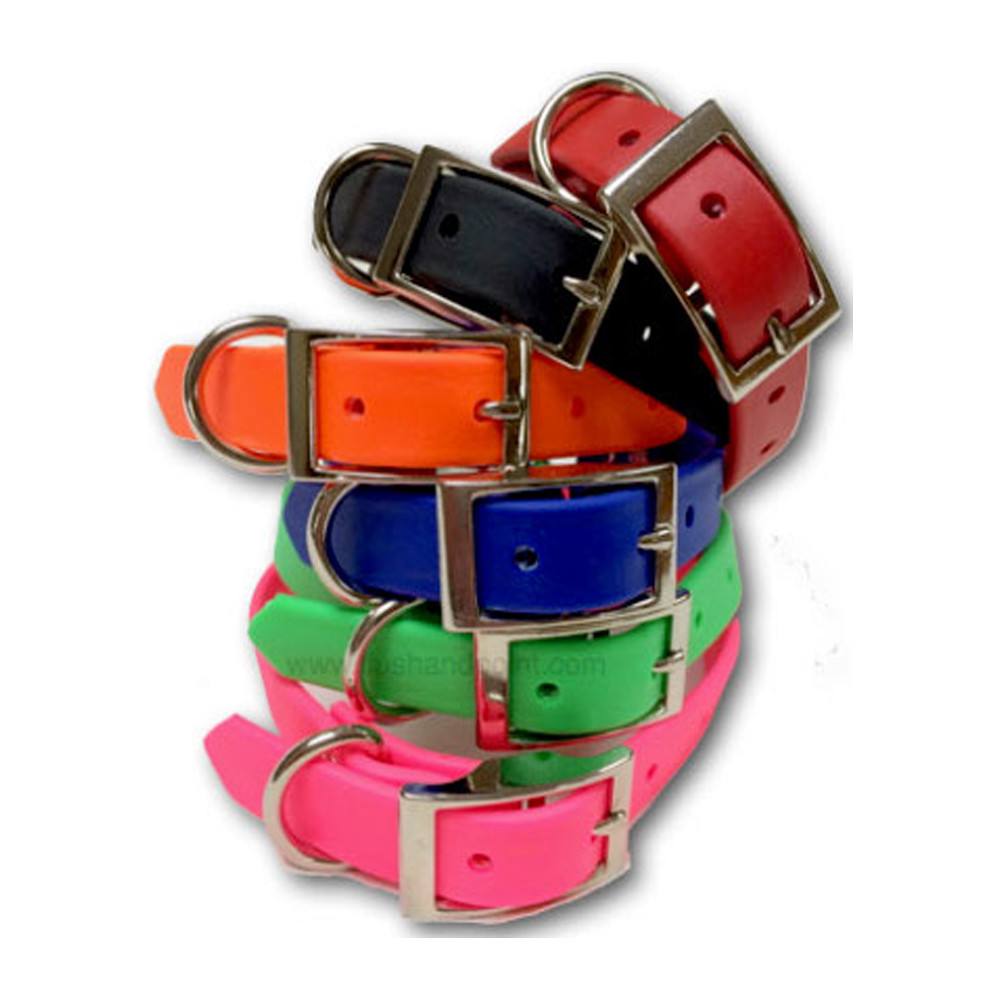 Pile of colorful dog collars: red, black, orange, blue, green, and pink; silver buckles and D-rings; waterproof material.