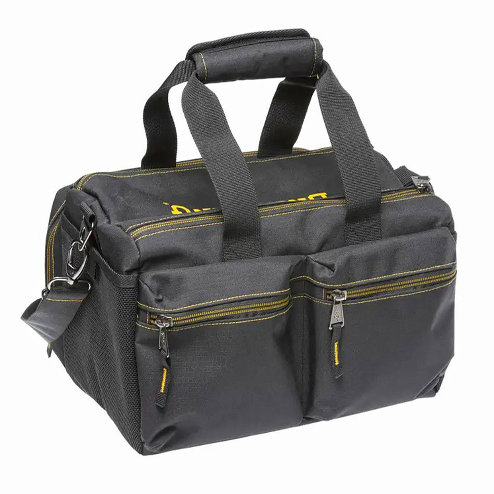 Black and gold range bag, ripstop polyester, multiple pockets, double zipper, carry handles, padded shoulder strap.