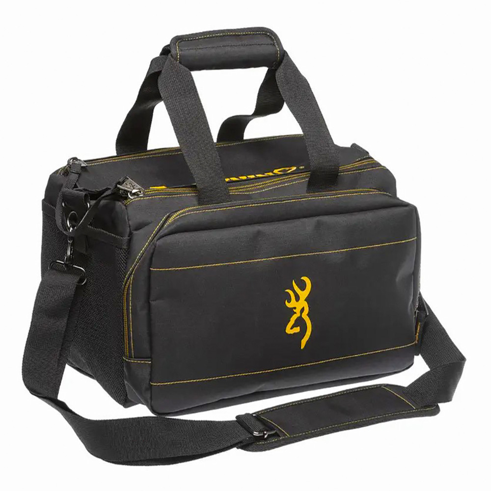Black Browning range bag with gold stitching and logo, shoulder strap, and carry handles.