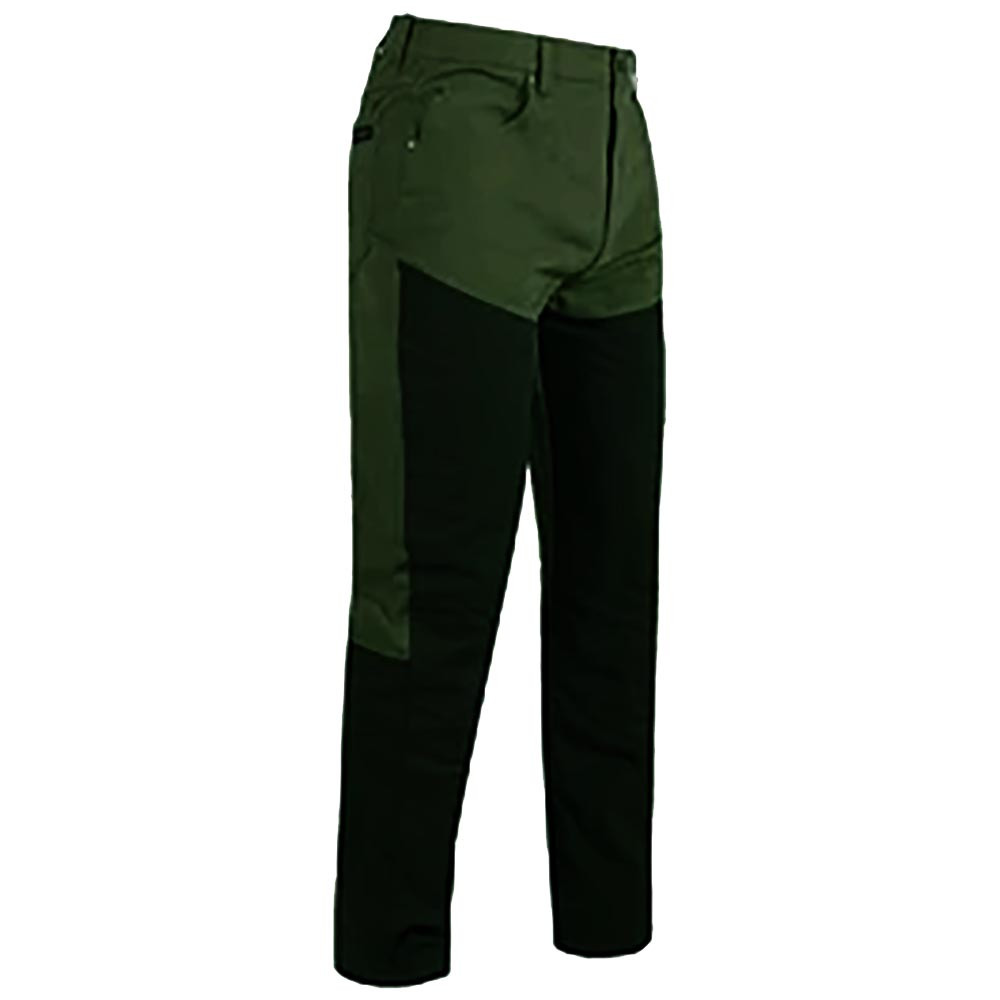 Olive green and black upland hunting pants with reinforced seat and zippered legs.