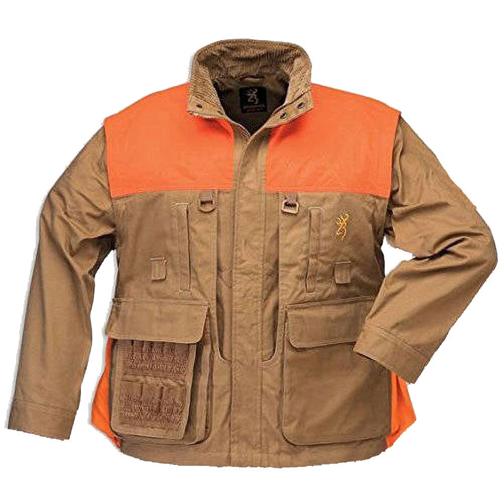 Brown and orange canvas upland jacket with multiple pockets, zip-off sleeves, and a corduroy collar.