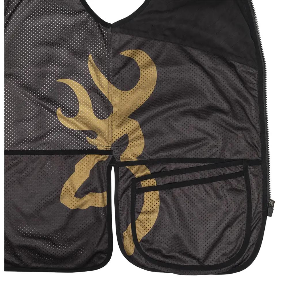 Black and gold Browning shooting vest, mesh fabric, large logo, pockets, front view.
