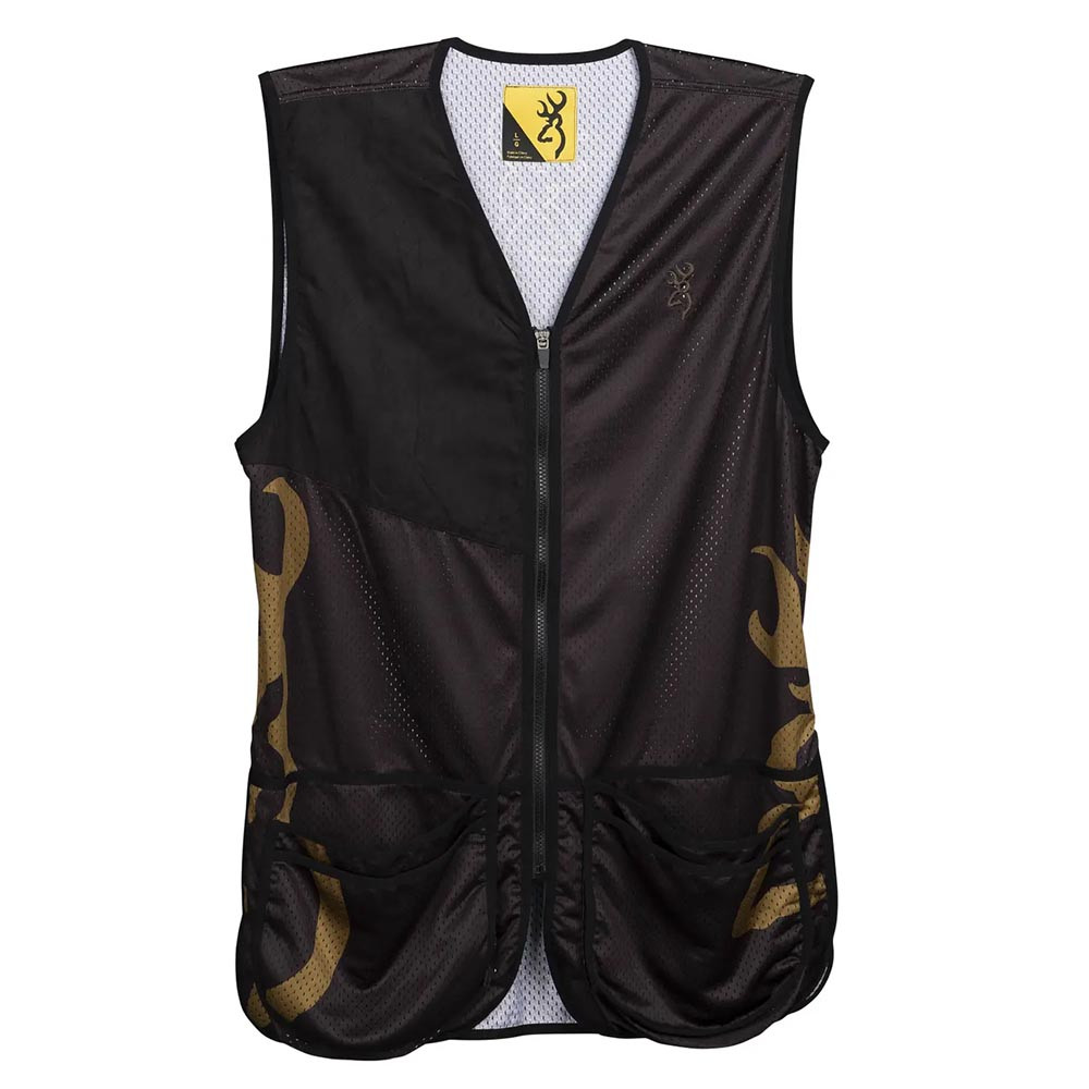 Black and gold Browning shooting vest; mesh and polyester; front pockets; full-zip.
