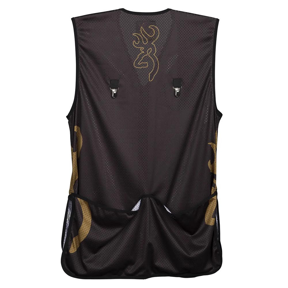 Black and gold Browning shooting vest, mesh fabric, back view, logo, shell pockets, metal clips.