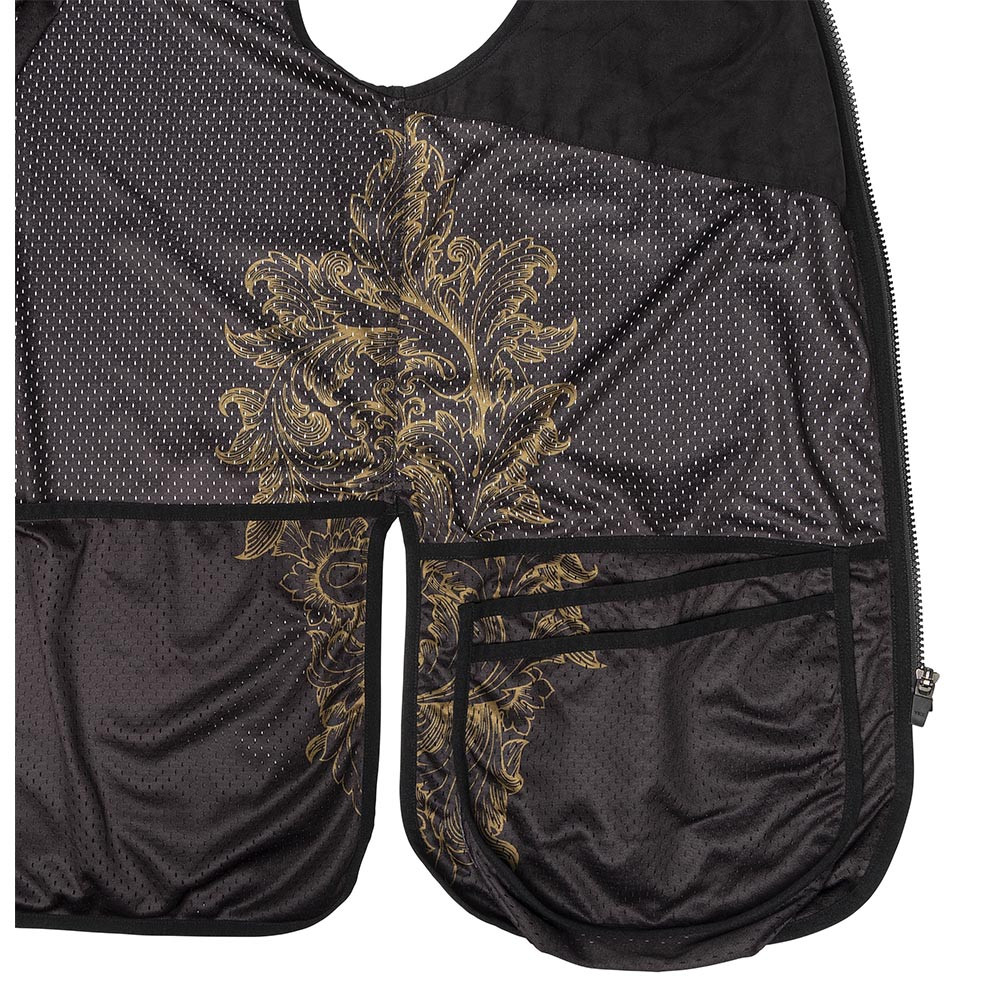Black shooting vest with gold scroll design, mesh fabric, pockets, and a zipper.