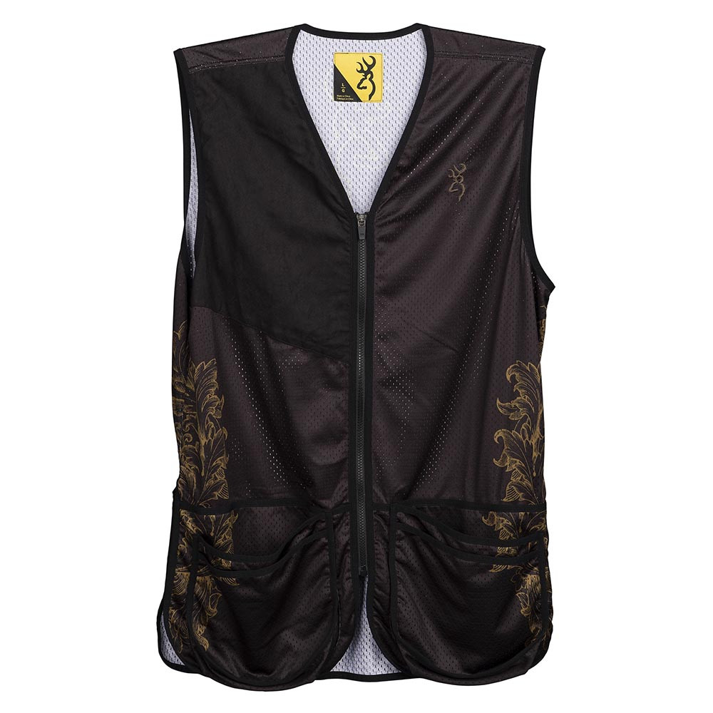 Black and gold Browning shooting vest with floral design, mesh, and pockets.