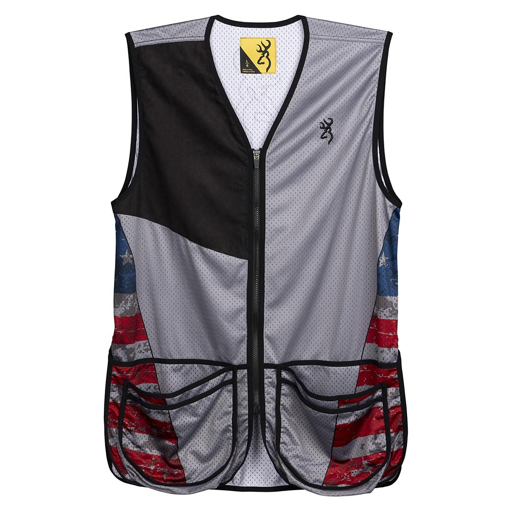 Gray shooting vest with American flag design, mesh fabric, black accents, Browning logo, and front pockets.