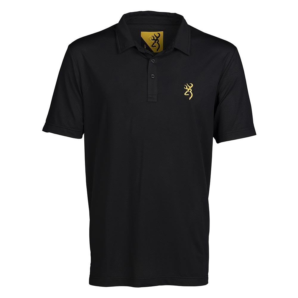 Black Browning Team Polo shirt, gold logo, short sleeves, collared.