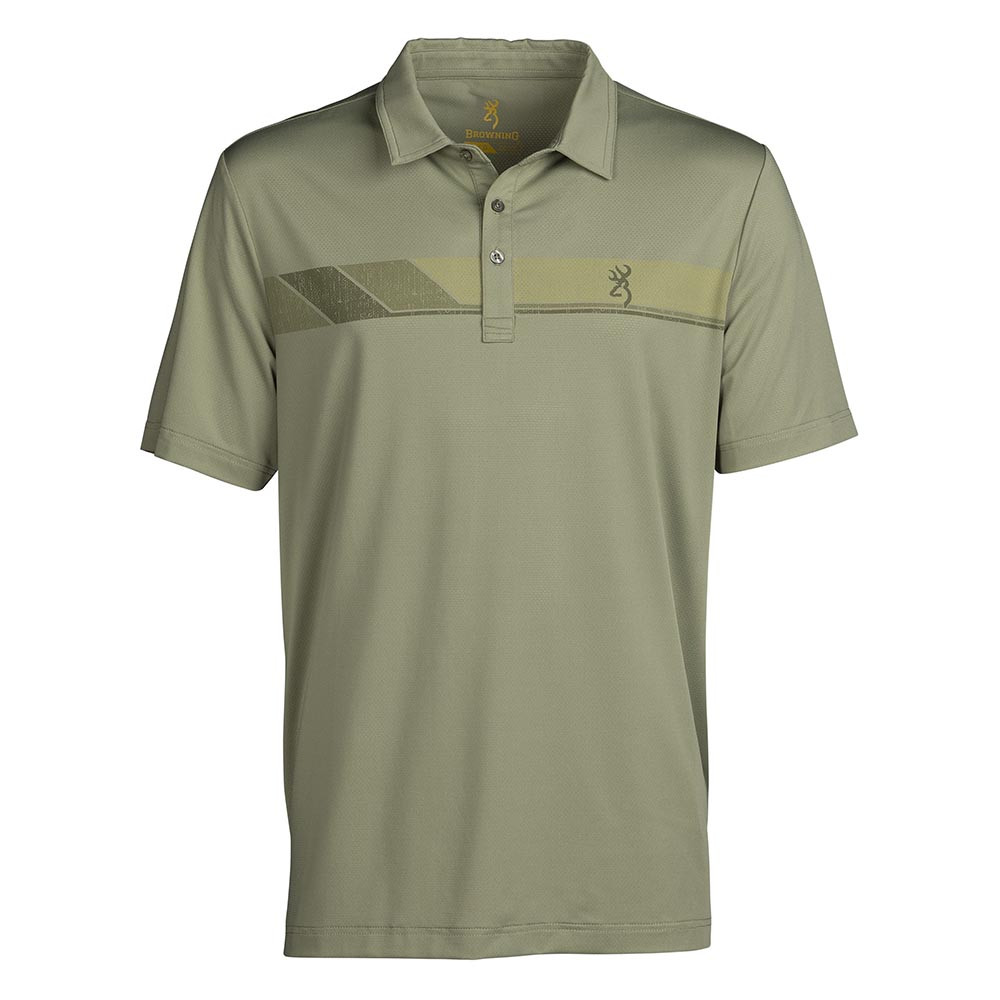 Green Browning Performance Polo shirt with a fold-down collar and printed chest artwork.