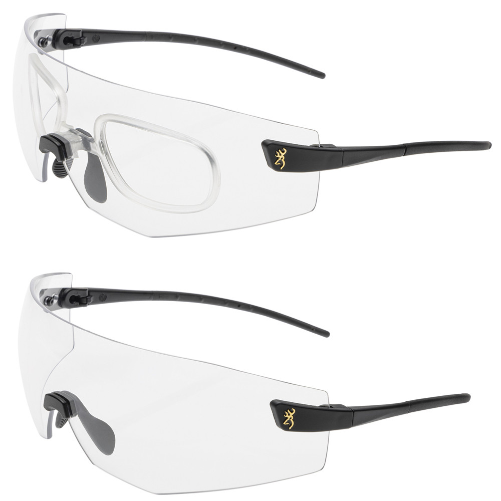 Clear Browning shooting glasses, black arms, gold logo, frameless design, angled view.