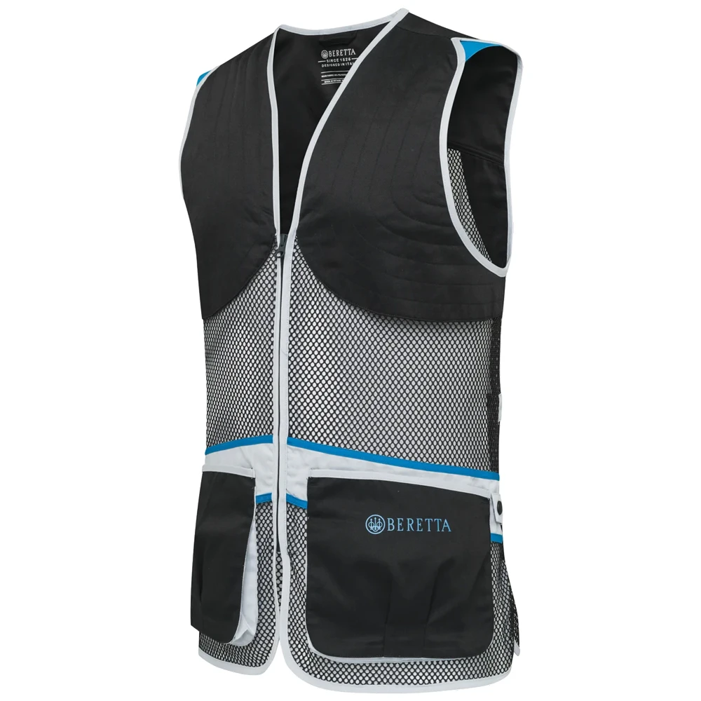 Black and blue Beretta shooting vest with mesh panels, white trim, and front pockets.