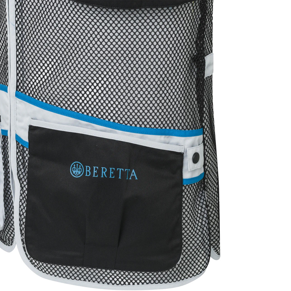 Black mesh shooting vest with blue and white accents, Beretta logo on pocket.