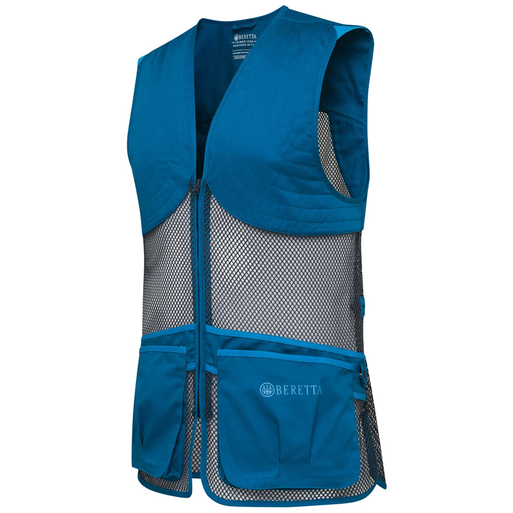 Blue Beretta shooting vest, mesh panels, front pockets, angled view.