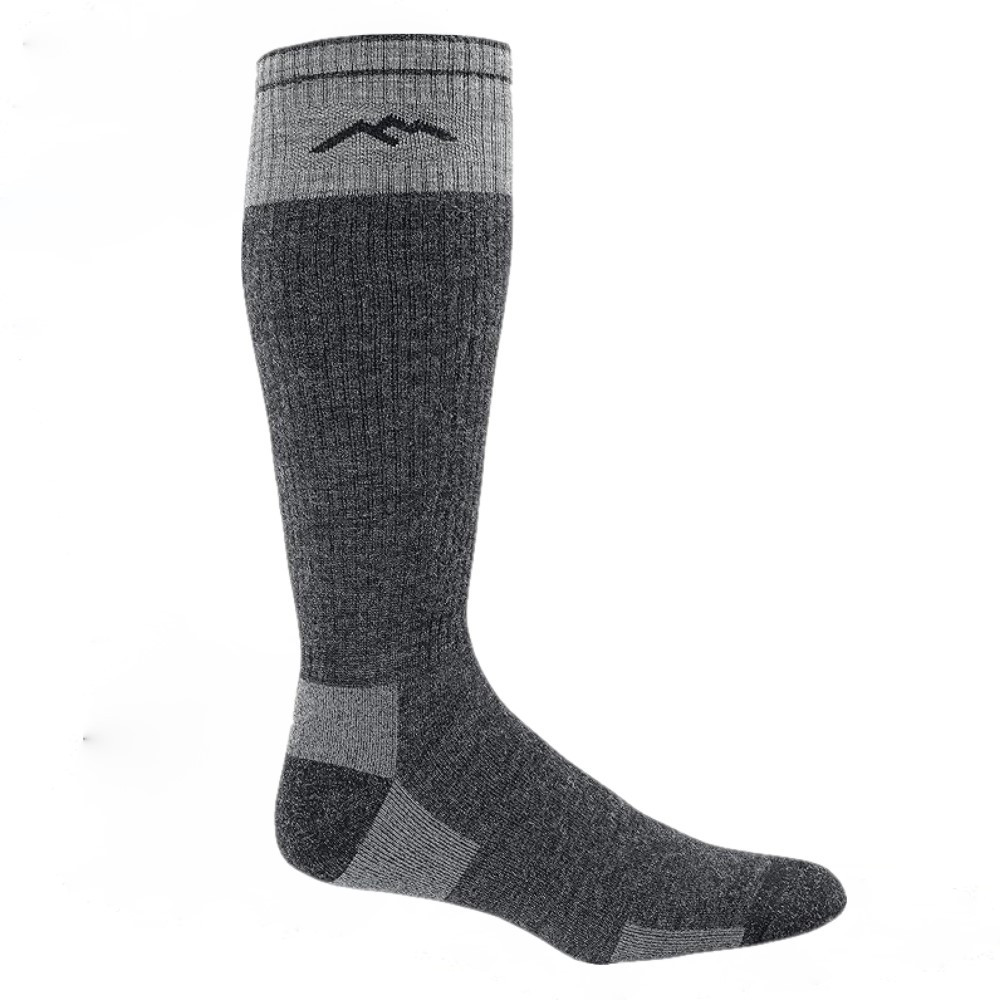Gray Darn Tough over-the-calf sock with mountain logo, merino wool blend, full cushion.