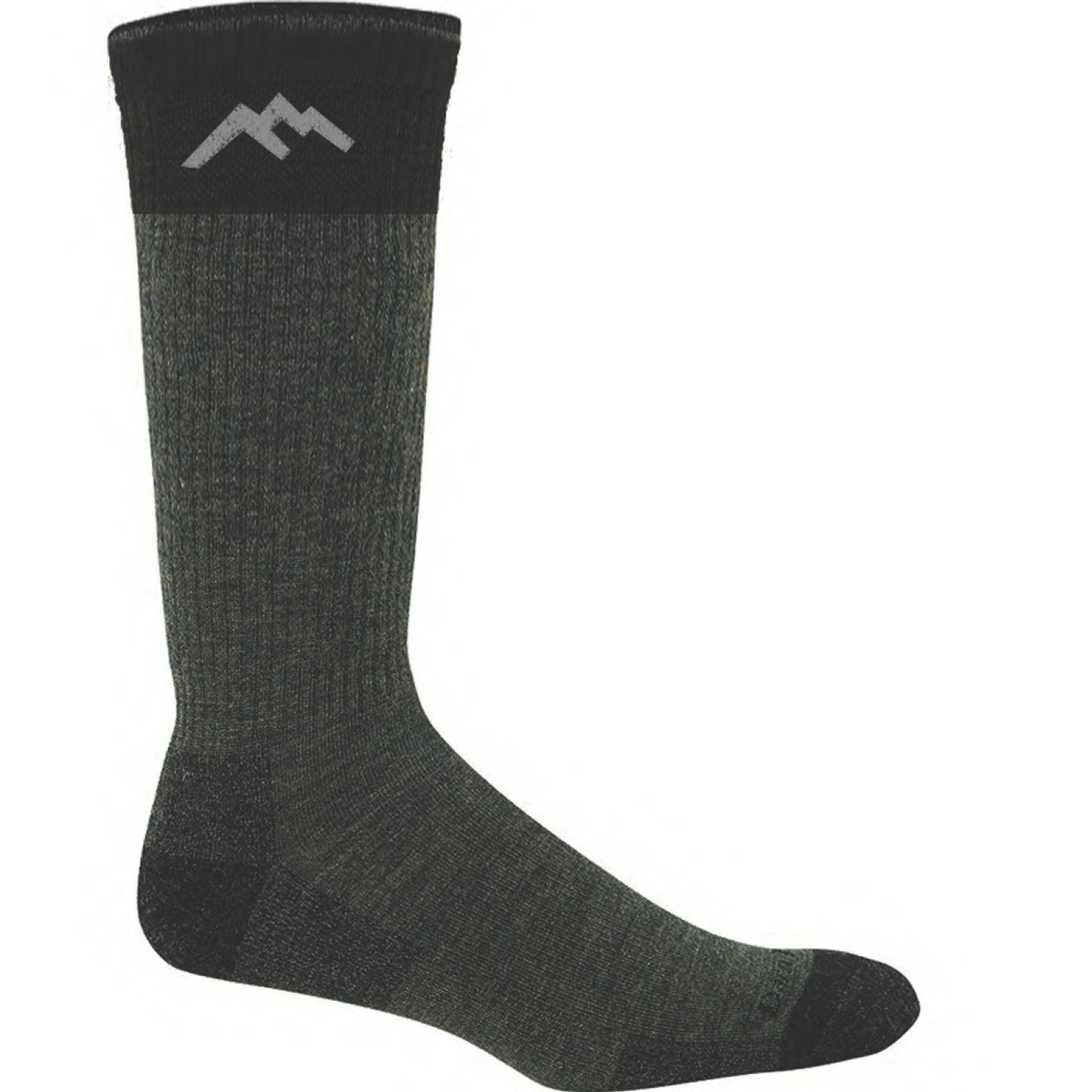 Dark green Darn Tough over-the-calf sock with a black cuff and toe, featuring a mountain logo.