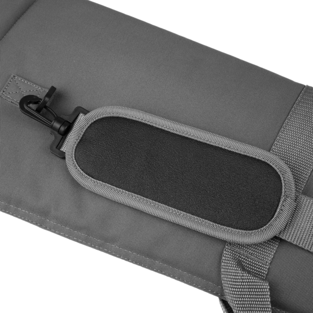 Gray gun case shoulder strap with black pad and clip.
