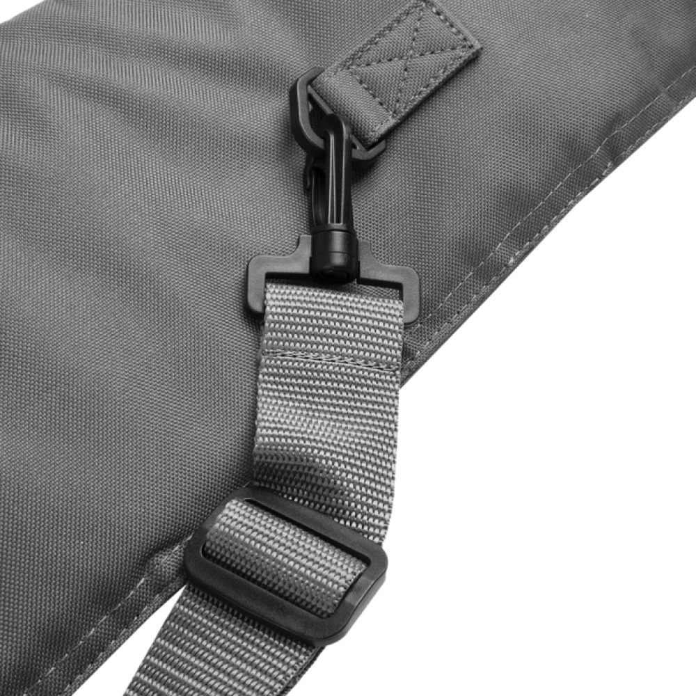 Gray gun case with black clip and strap; synthetic fiber material.