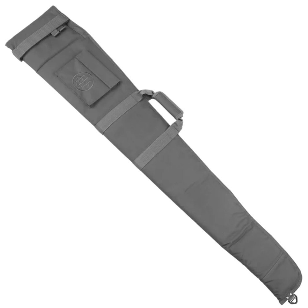 Gray Beretta gun case, angled view, with handle and logo.