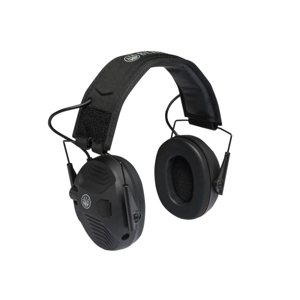 Black Beretta electronic earmuffs. Over-ear design with padded headband and earcups. Black plastic and fabric materials.
