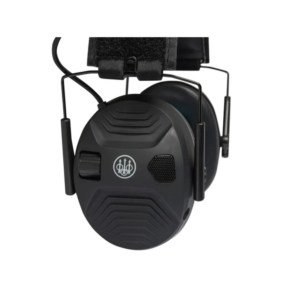 Black Beretta electronic earmuffs. Angled view. Plastic and metal construction. Features the Beretta logo.