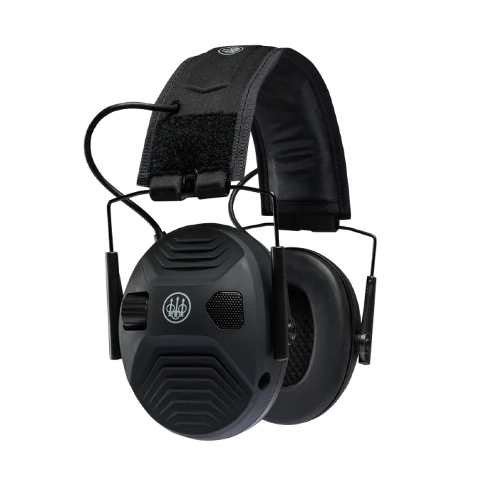 Black Beretta electronic earmuffs. Over-ear design with adjustable headband, soft ear cups, and controls.