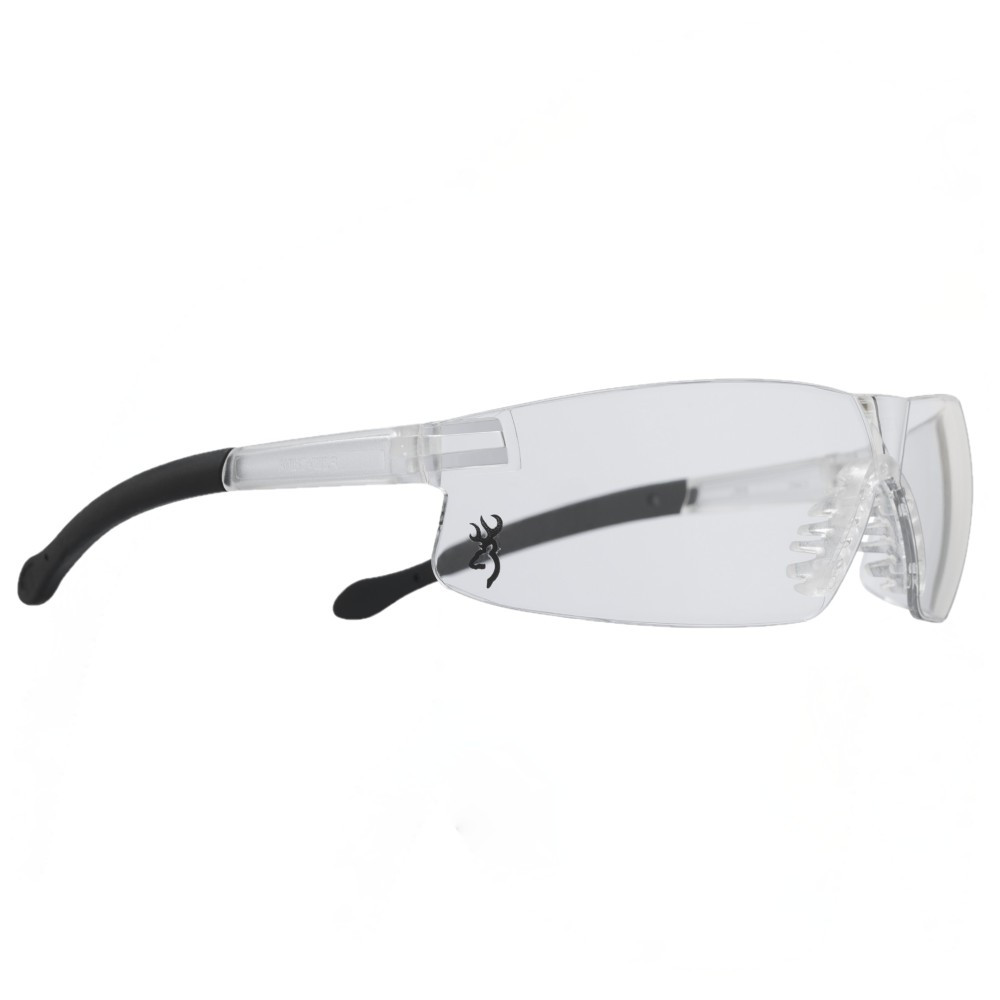Clear Browning shooting glasses, black accents, transparent frame, side view.