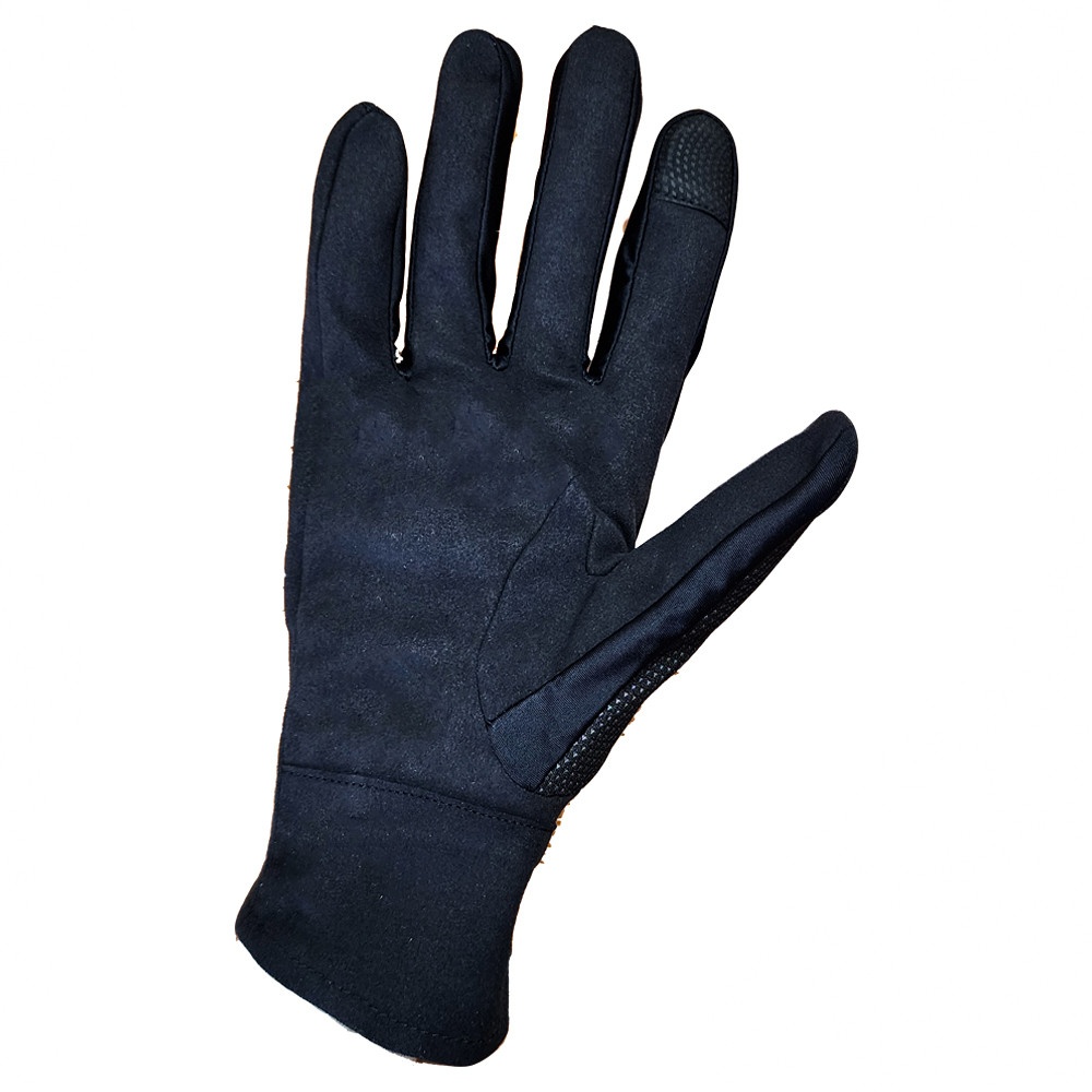 Black Nica shooting glove, angled view, synthetic leather palm, wind-resistant back, touch-screen fingertip.