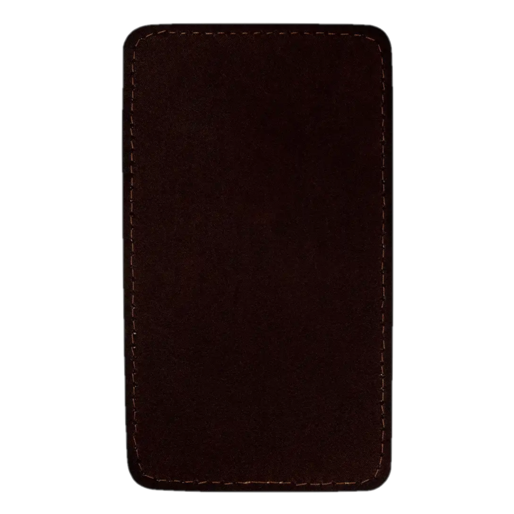 Brown leather barrel rest, rectangular shape, rounded corners, brown stitching.