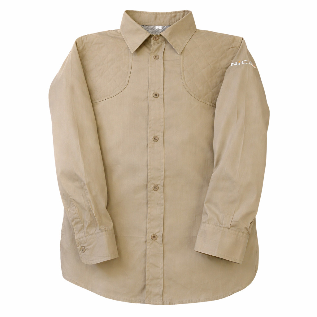 Front view of NICA long sleeve shooting shirt in khaki with ambidextrous shoulder pads and button-down design
